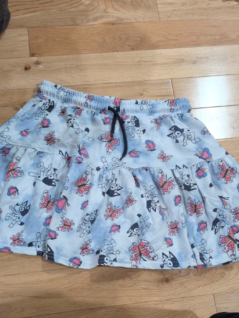 Light Blue Printed Tiered Skirt with Pink Butterfly Motif